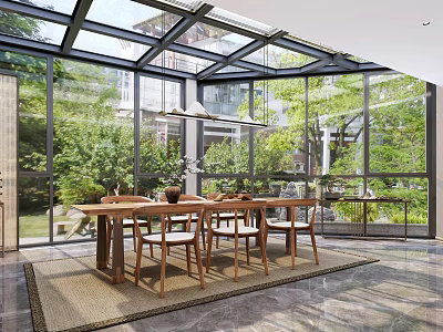 Villa Balcony With Glass Walls Wooden Dining Set And Nature View 3d model