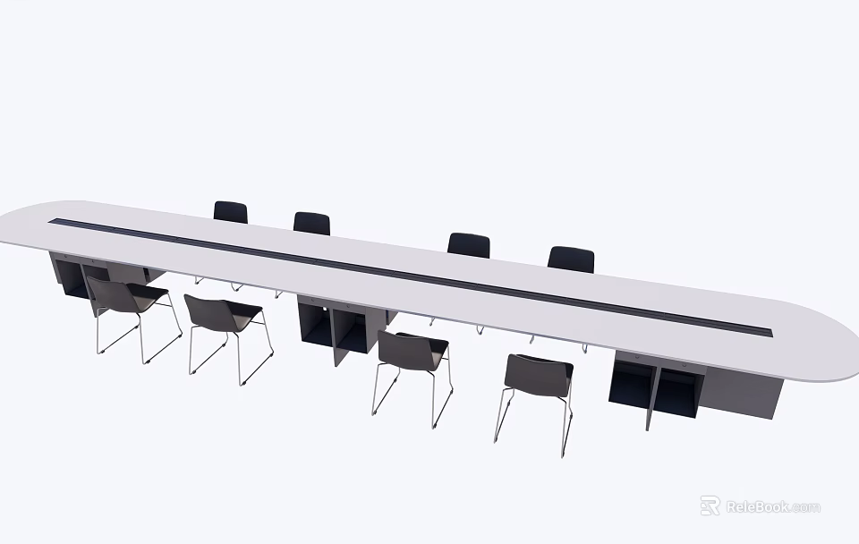 Long White Rectangular Conference Table With Black Chairs And Storage Cabinets 3d model