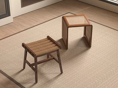 Wooden Stools With Rattan Seats In Modern Room On Carpet And Wooden Floor 3d model
