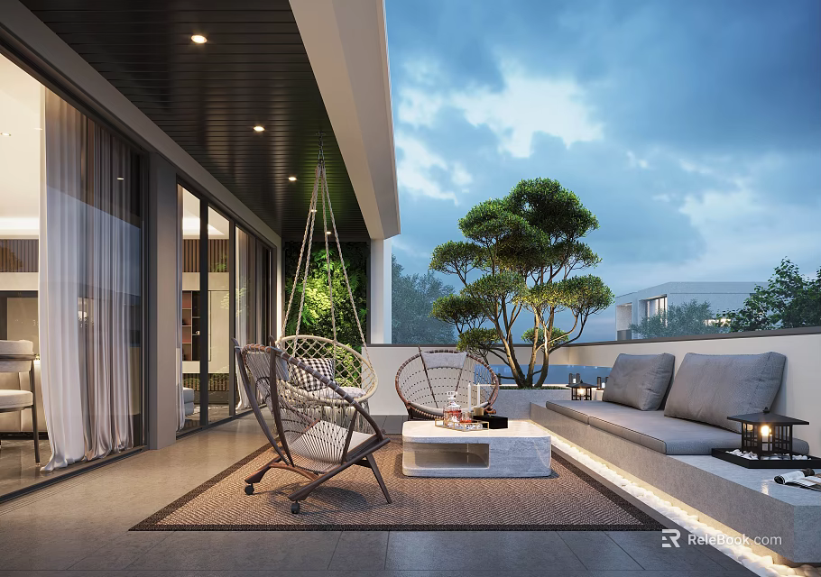 Modern Home Balcony Interior With Swing Chair Sofa Coffee Table Rug And Potted Tree 3d model 