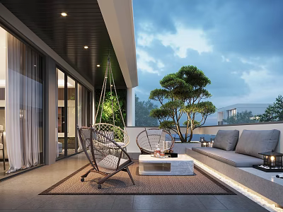 Modern Home Balcony Interior With Swing Chair Sofa Coffee Table Rug And Potted Tree 3d model