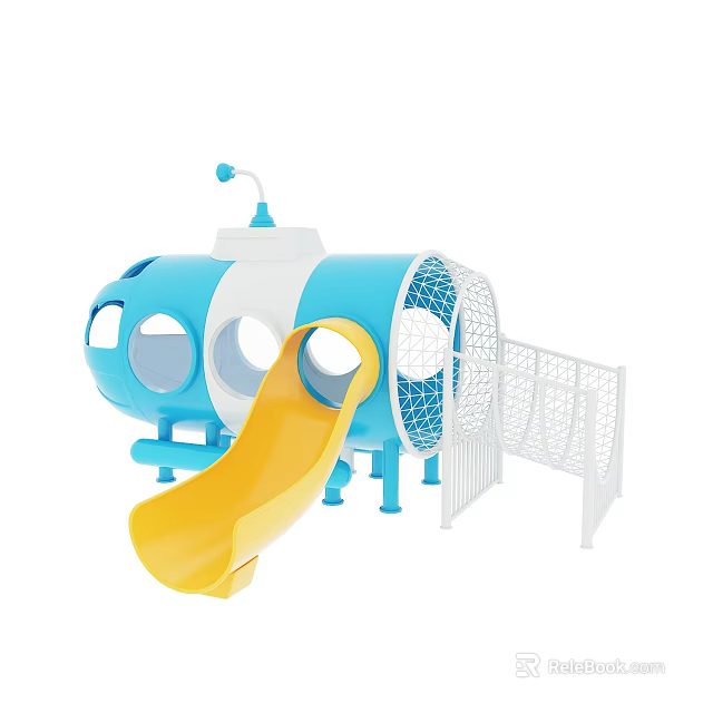 Kids Playground With Blue White Structure Yellow Slide Mesh Tunnel And Safety Fence 3d model 