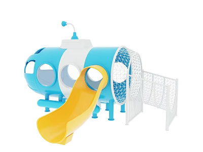 Kids Playground With Blue White Structure Yellow Slide Mesh Tunnel And Safety Fence 3d model
