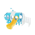 Kids Playground With Blue White Structure Yellow Slide Mesh Tunnel And Safety Fence