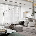 Modern Living Dining Room Interior With Sofa Dining Table Large Windows And Pendant Lights 3d model