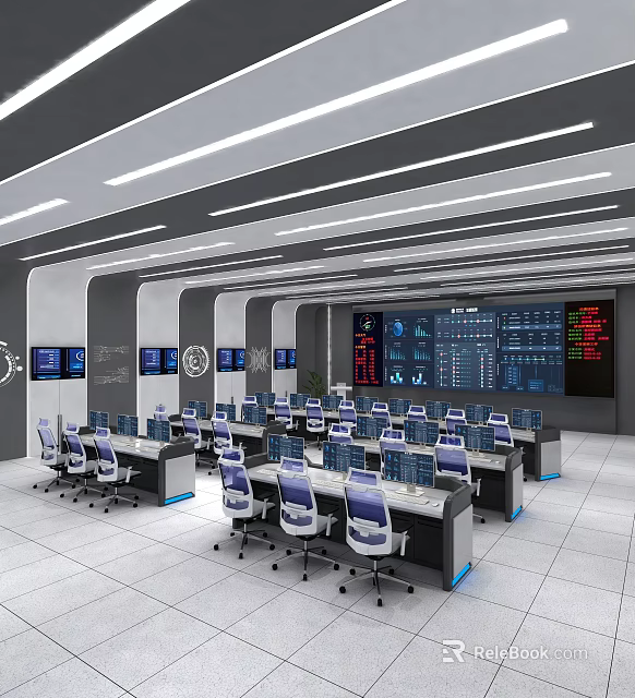 Modern Control Room With Multiple Monitoring Screens Control Desks Office Chairs And Data Displays 3d model 