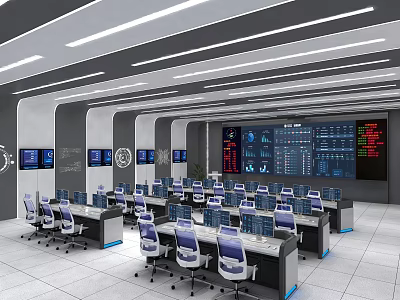 Modern Control Room With Multiple Monitoring Screens Control Desks Office Chairs And Data Displays 3d model