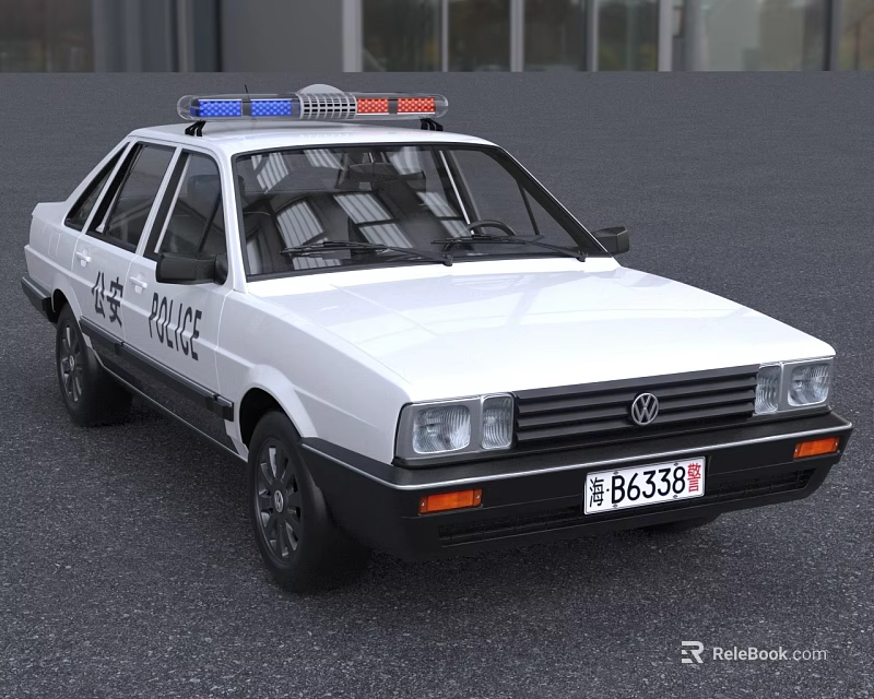 White Volkswagen Police Car With Emergency Lights And Public Security Markings 3d model 