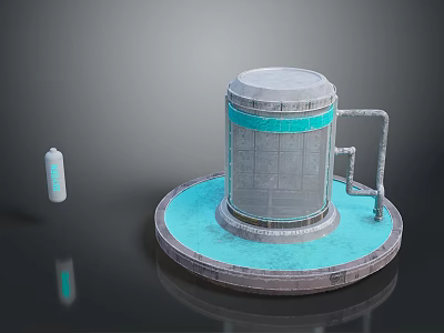 Scenic Coastal Landscape With Cylindrical Structure Blue Stripes Circular Platform And Small Boat 3d model