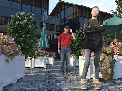 Modern Elegant Courtyard Landscape With Colorful Flower Planters Green Shrubs And Stone Paved Leisure Space 3d model