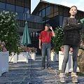 Modern Elegant Courtyard Landscape With Colorful Flower Planters Green Shrubs And Stone Paved Leisure Space