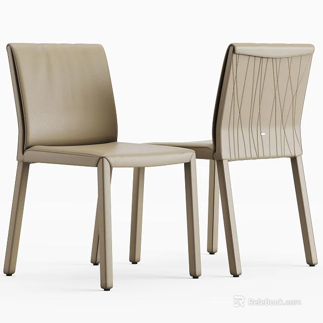 Beige Leather Dining Chairs With Slim Legs And Line Patterned Backrest 3d model