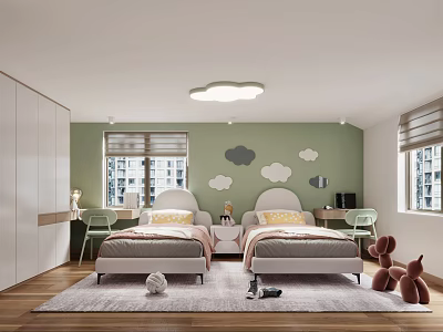 Kids Room Interior With Two Beds Cloud Lamp Green Walls Cloud Decorations And Wooden Floor 3d model