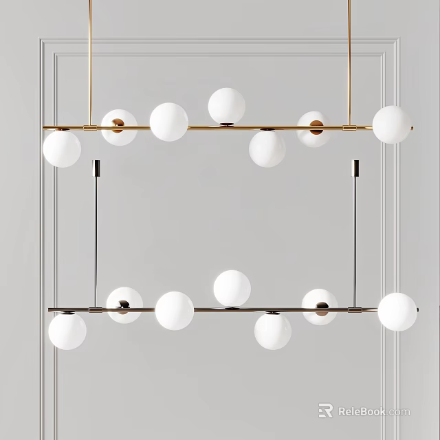Modern Chandelier With White Spherical Lights And Gold Black Metal Bars 3d model 