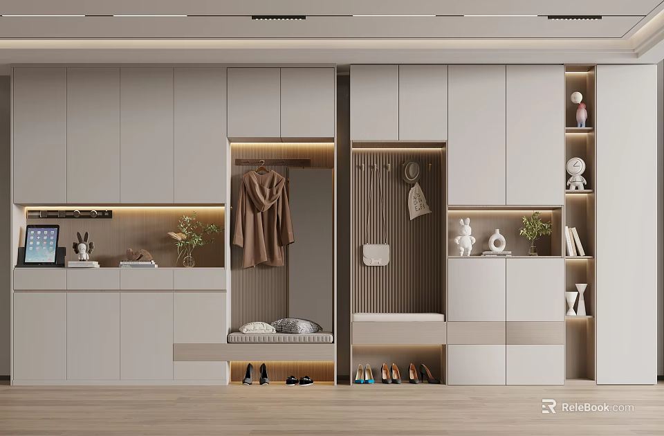 Modern Shoe Cabinet Storage Design With Clothing Rack Mirror And Decorative Items 3d model 