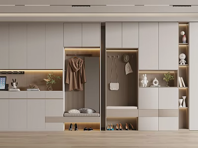 Modern Shoe Cabinet Storage Design With Clothing Rack Mirror And Decorative Items 3d model