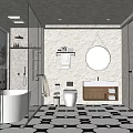 Modern Bathroom Interior With Glass Shower Freestanding Bathtub And Geometric Tile Floor