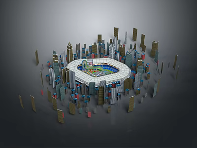 Circular Central Building In Urban City Center Surrounded By High Rise Buildings 3d model