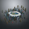 Circular Central Building In Urban City Center Surrounded By High Rise Buildings