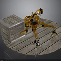 Orange Industrial Robotic Arm Handling Wooden Crate On Wooden Floor