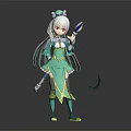 Anime Character Creature With Silver White Hair Red Eyes Teal Outfit Holding Mirror And Ribbons