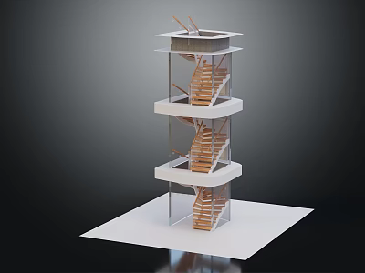 Modern Multi Level Spiral Staircase Model With Wooden Steps And White Platforms 3d model