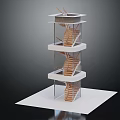 Modern Multi Level Spiral Staircase Model With Wooden Steps And White Platforms 3d model
