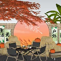 Rustic Garden Landscape With Red Maple Palm Trees Bamboo Fence Straw Bales And Pumpkins