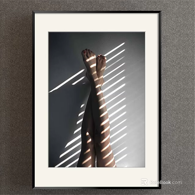Minimalist Figure Painting Featuring Crossed Legs White Light Stripes and White Frame on Grey Wall 3d model 