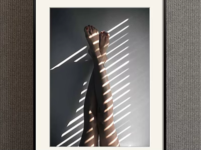 Minimalist Figure Painting Featuring Crossed Legs White Light Stripes and White Frame on Grey Wall 3d model