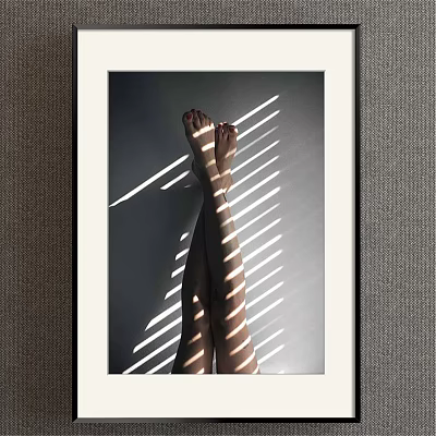 Minimalist Figure Painting Featuring Crossed Legs White Light Stripes and White Frame on Grey Wall 3d model