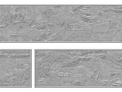 Traditional Relief Carving Artwork Featuring Landscape Scenes And Architectural Details 3d model