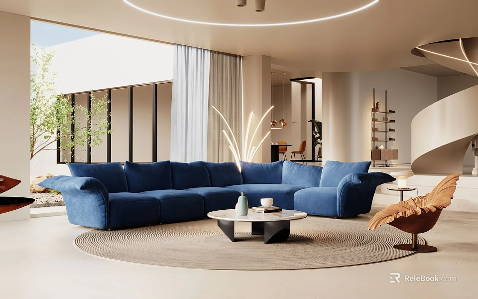 Luxury Soft Blue Velvet Sectional Sofa Set For Spacious Bright Modern Cozy Living Room 3d model 