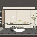 Modern Living Room Interior With White Sofa Round Coffee Table Green Plants And Checkered Rug
