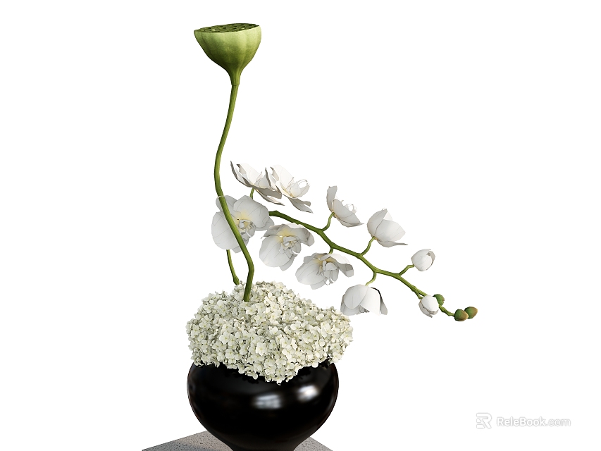 Elegant White Orchids and Hydrangeas Floral Arrangement in Black Vase with Green Bud 3d model 