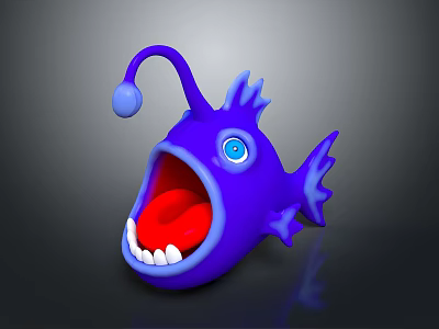 Purple Cartoon Fish with Big Blue Eyes Open Mouth Red Tongue White Teeth Curved Antenna 3d model