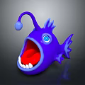 Purple Cartoon Fish with Big Blue Eyes Open Mouth Red Tongue White Teeth Curved Antenna