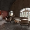Bar Interior Design Featuring Industrial Style Neon Sign Round Windows Tables And Sculpture