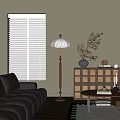 Floor Lamp with Warm Light Beside Window White Blinds Decorative Vase Branch Wooden Cabinet Drawers