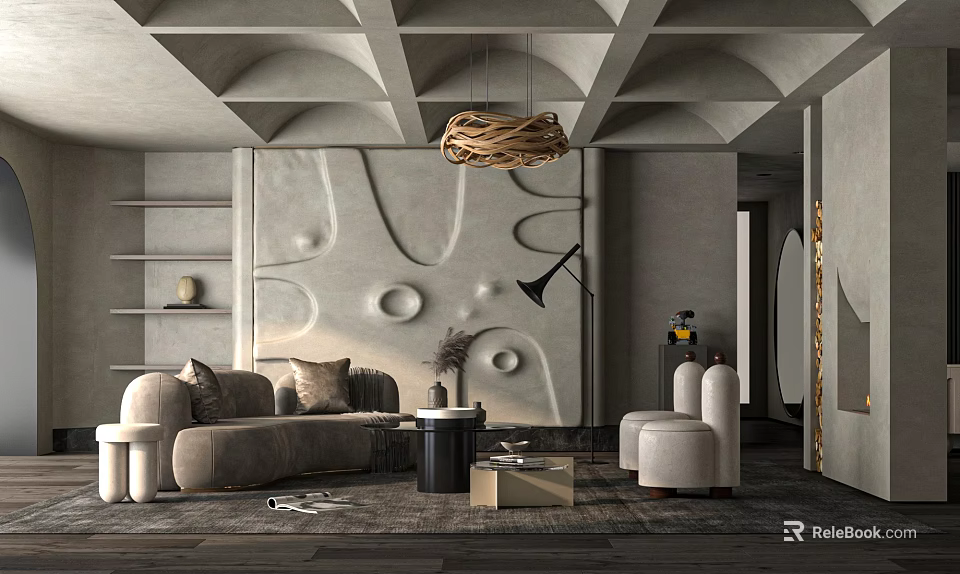 Modern Living Room Interior Design With Geometric Ceiling Woven Pendant Light Gray Sofa White Armchair 3d model 
