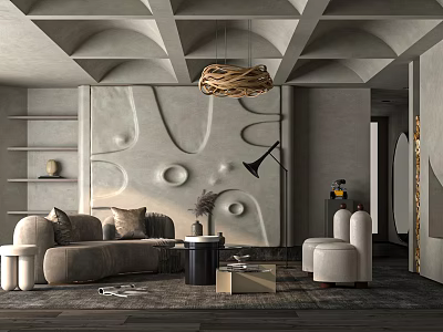 Modern Living Room Interior Design With Geometric Ceiling Woven Pendant Light Gray Sofa White Armchair 3d model