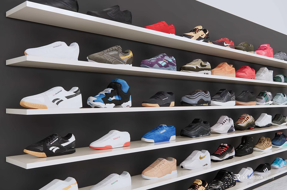 Practical Shoe Cabinet With Multiple Shelves Holding Various Sneakers And Shoes 3d model 