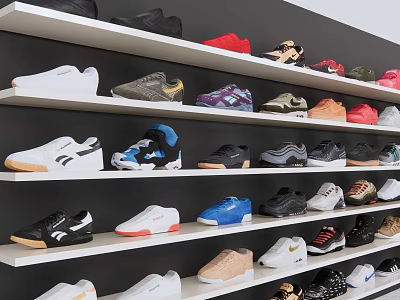Practical Shoe Cabinet With Multiple Shelves Holding Various Sneakers And Shoes 3d model