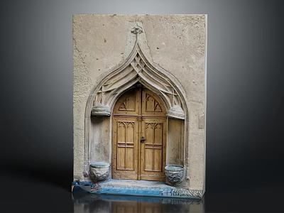Gothic Style Entrance Door With Arched Design Wooden Panels Stone Wall And Carved Details 3d model