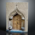 Gothic Style Entrance Door With Arched Design Wooden Panels Stone Wall And Carved Details