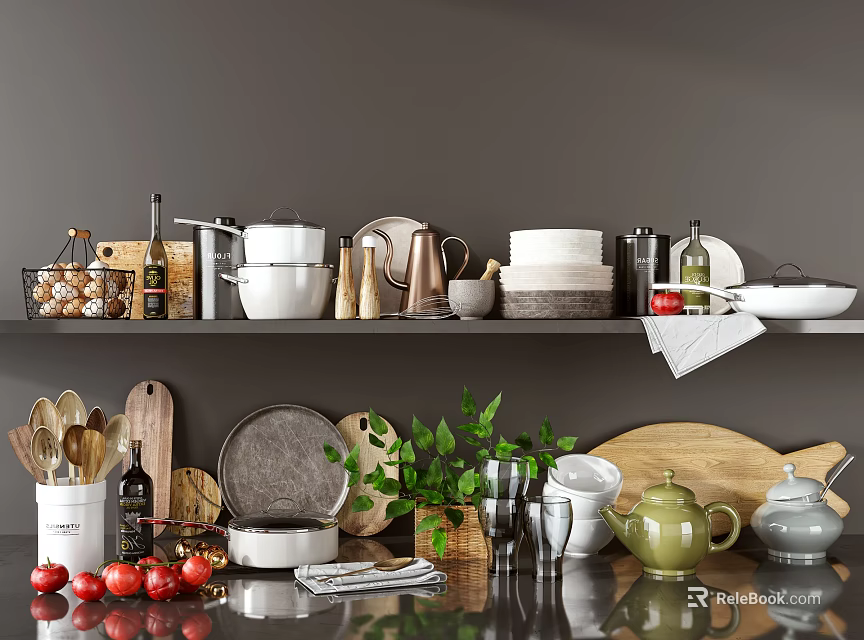 Elegant Assorted Kitchenware Displayed On Shelf And Countertop With Pots Kettles Plates Cutting Boards 3d model 