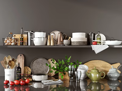 Elegant Assorted Kitchenware Displayed On Shelf And Countertop With Pots Kettles Plates Cutting Boards 3d model