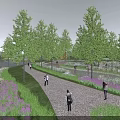 Garden Landscape With Lush Green Trees Gravel Path Purple Flowers River And People Walking