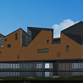Modern Commercial Street Architecture With Unique Roof Design Glass Facade Wooden Panels And Waterfront Greenery
