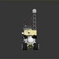 Yellow Utility Vehicle With Tower Antennas Red Flags Mechanical Arm And Large Wheels For Engineering